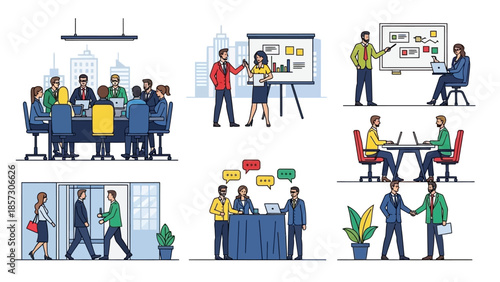 Business meeting and collaboration scenes, office teamwork, presentation, handshake illustrations