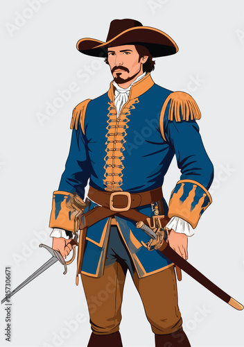 057-36-Man in historical musketeer costume standing with a sword ready for adventure