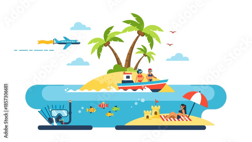 Tropical Island Vacation: People Relaxing, Snorkeling, and Flying