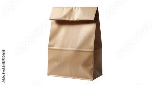 Brown paper lunch bag isolated PNG, classic packaging for food and snacks on transparent background, eco-friendly and recyclable