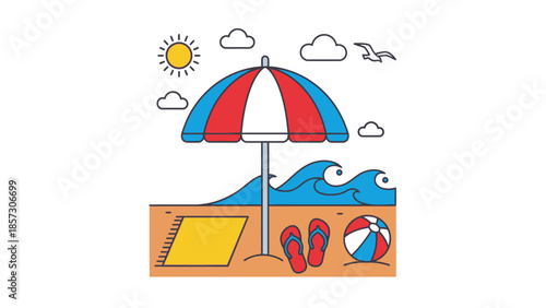 Beach Umbrella, Towel, Flip Flops, Beach Ball, Waves, Sun, Clouds, Seagull Illustration