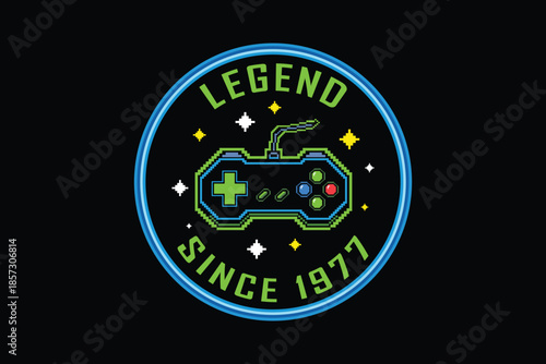 Retro gaming badge with controller and legend text since 1977