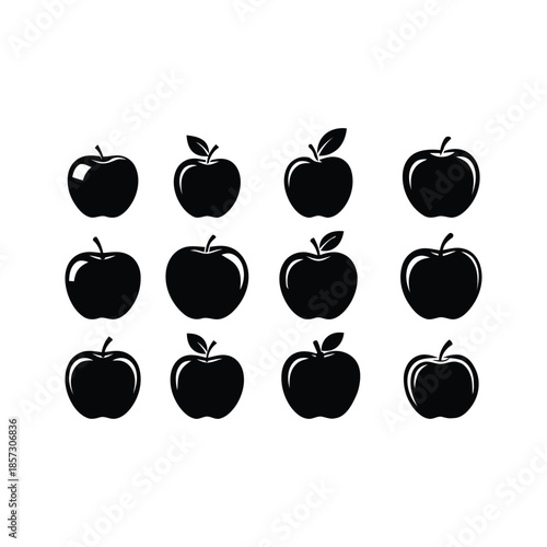 Black apple silhouette icon set collection of fresh fruit shapes for logo design food branding packaging and ui graphics
