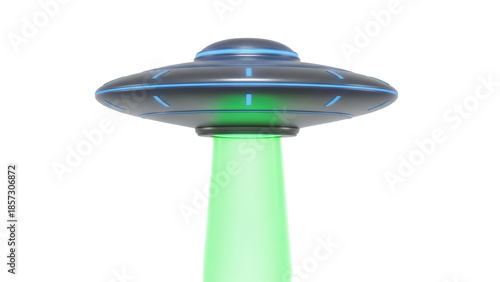 Classic UFO with green beam isolated PNG, flying saucer spaceship with light ray on transparent background, alien spacecraft for sci-fi design