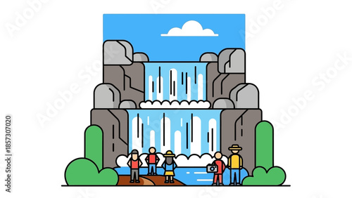 People admire a multi-tiered waterfall in a stylized natural landscape