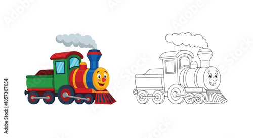 Whimsical Train Journey: A charming, cartoon-style train, emitting puffs of smoke, invites viewers to a playful exploration. capturing the essence of transportation.