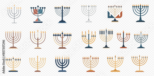 Collection of various Hanukkah menorah designs with lit candles, celebrating the Jewish festival of lights.