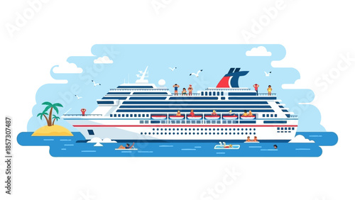 Cruise Ship Vacation: Tropical Island, People Enjoying Sea and Ocean Travel