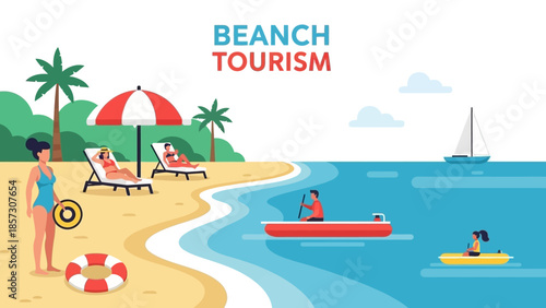 Beach tourism illustration with people relaxing and enjoying water activities on a sunny day.