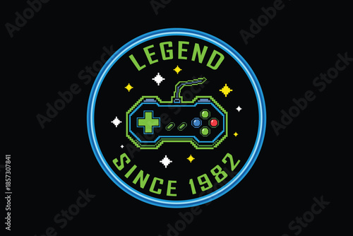 Retro gaming logo with controller and legend text since 1982