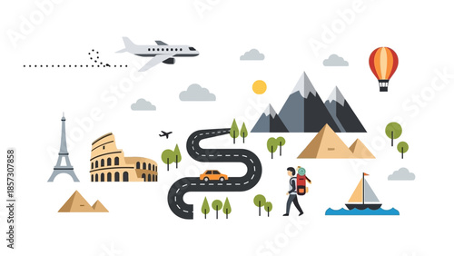 Travel and Vacation Icons: Airplane, Car, Mountains, Landmarks, Hot Air Balloon