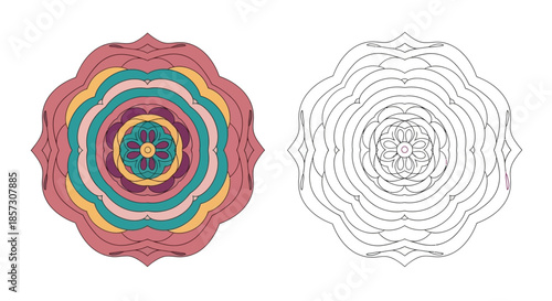 Mandala Artistry: A symmetrical display showcases a intricate mandala design, meticulously crafted with vibrant colors and serene monochrome, inviting contemplation and promoting mindfulness.