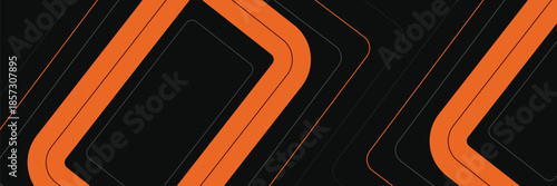 Black abstract wide banner with orange and gray lines, arrows and angles. Dark modern sporty bright futuristic abstract background. Wide vector illustration EPS10. Vector illustration