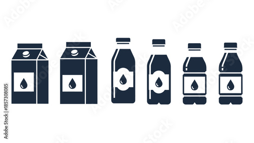 Collection of beverage containers including cartons and bottles.