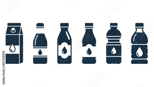 Collection of beverage containers in dark blue silhouette.
