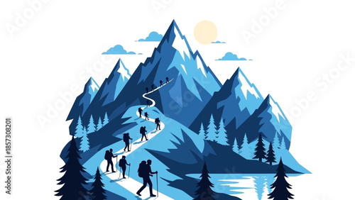 Mountain climbing expedition with hikers on snowy peaks and winding path