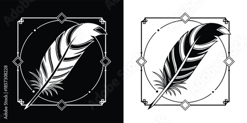 Art deco feather design with intricate details and geometric frame, isolated on white background, capturing the elegance and sophistication of the era