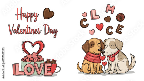 Charming vector collection celebrating heartfelt romance and companionship, featuring delightful canine characters and an array of sweet confectionery treats for a joyful occasion