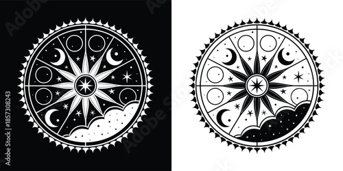 A celestial wheel with moon phases, stars, and clouds, representing astrology, astronomy, and the mystical connection between the cosmos isolated on white background