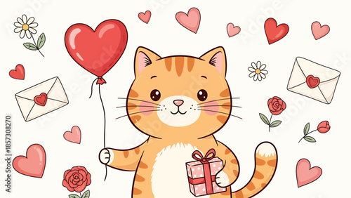 Adorable ginger cat holding a heart balloon and a charming gift box, surrounded by playful hearts, romantic roses, and sweet messages, perfect for a joyful celebration of love