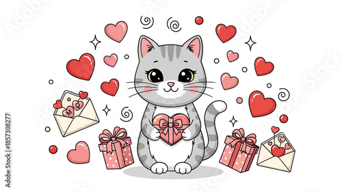 Cute Grey Cat Holding a Heart Surrounded by Gifts and Hearts for Valentine's Day Celebration