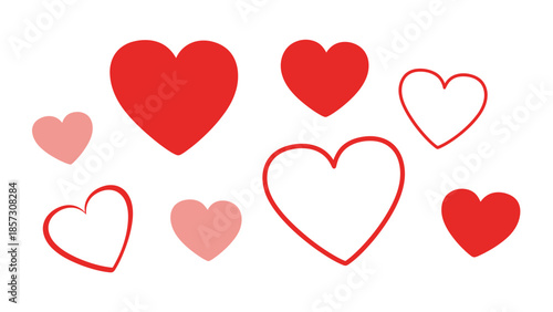 A collection of red and pink heart shapes in various sizes, some filled and some outlined, against a white background