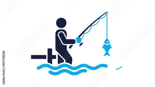 Fisherman catches a fish with a fishing rod.