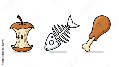 Illustration of common household food waste items apple core, fish bones, and chicken leg bones, depicted as icons