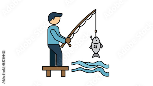 Man Fishing Successfully Catching a Fish on a Hook.
