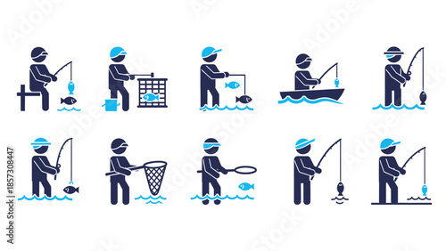 Set of Fishing Icons Representing Various Activities.
