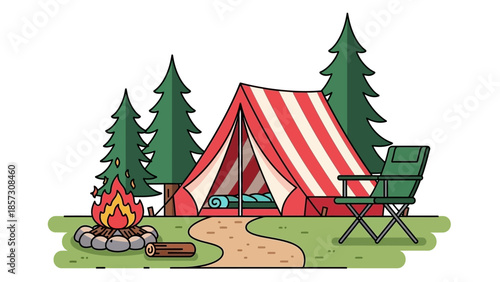 Camping scene with tent, campfire, and chair in forest illustration