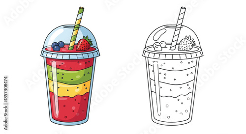 Colorful Layered Fruit Smoothie: A vibrant, multi-layered fruit smoothie, bursting with fresh flavors and textures. The art style is inviting. 