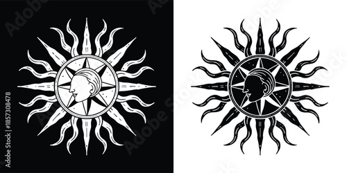 A captivating sun illustration with intricate details, showcasing a celestial design isolated on white background, perfect for adding a mystical touch