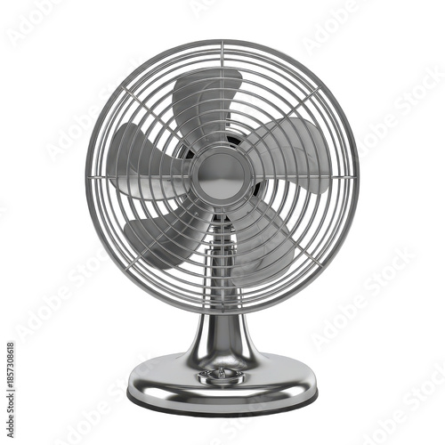 A metallic desk fan with a circular cage isolated on a black background