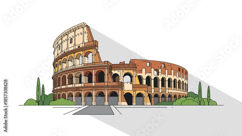Colosseum building illustration, Rome ancient landmark, Italian travel destination, flat design.