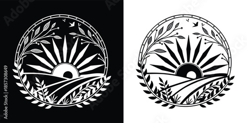 Hand drawn landscape with sun in a decorative frame isolated on white background, a vintage design element for a logo or print, black and white illustration