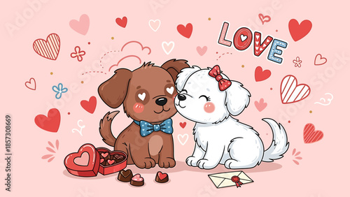 Cute couple of puppies celebrating Valentine's Day with heart shapes and chocolates