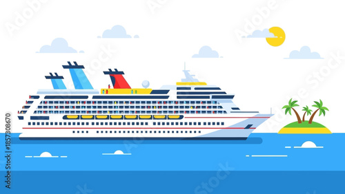 Cruise Ship Sailing on Ocean Near Tropical Island with Palm Trees and Sun