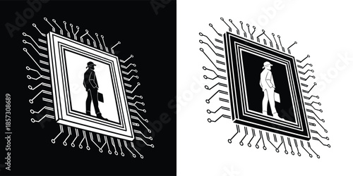 A businessman in a suit with a briefcase inside a computer chip, symbolizing the integration of business and technology isolated on white background