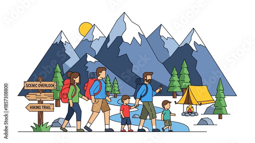 Family Hiking in Mountains with Tent and Campfire - Adventure and Nature