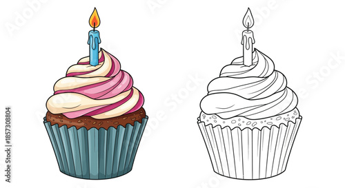 Birthday cupcake with lit candle: A whimsical illustration of a beautifully decorated cupcake, complete with a swirling swirl of pink and white frosting, topped with a single, glowing candle.