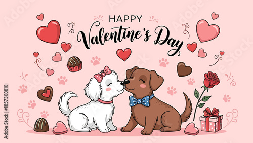 Happy Valentine's Day illustration featuring two adorable puppies sharing a sweet moment amidst festive decorations and treats