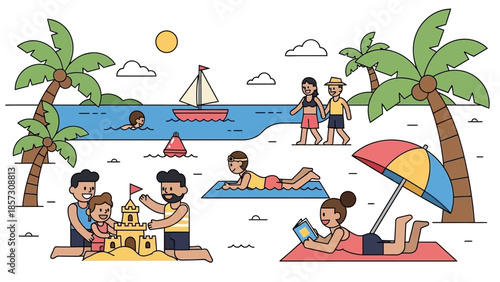 Summer Beach Vacation: People Enjoying Sandcastles, Swimming, and Sunbathing