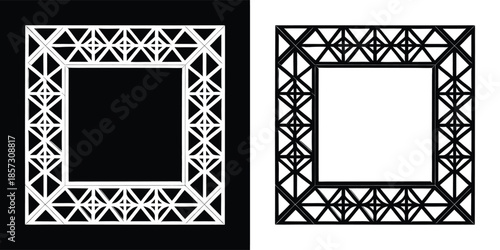 Elegant square frame with intricate geometric design, available in both black and white versions, perfect for adding a touch of modern sophistication