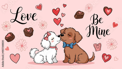 Adorable puppies sharing a sweet kiss surrounded by hearts and flowers, perfect for Valentine's Day or any romantic occasion