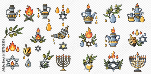 Hanukkah celebration symbols and elements set with menorah, dreidel, olive oil, and Star of David.