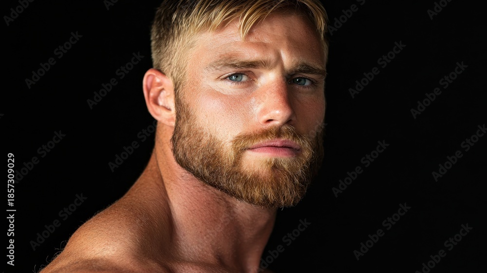 Fototapeta premium Handsome Man with Beard and Piercing Blue Eyes on Black Background