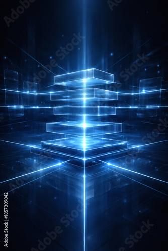 Futuristic blue data platform with glowing lines and geometric shapes creates a visually dynamic and high-tech abstract composition.