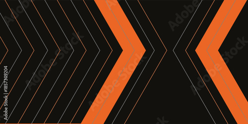 Black abstract wide horizontal banner with orange and grey lines, arrows and corners.modern background eps10