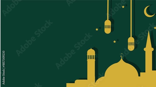 Ramadan Kareem Islamic Background with Mosque, Lanterns and Crescent Moon Animation